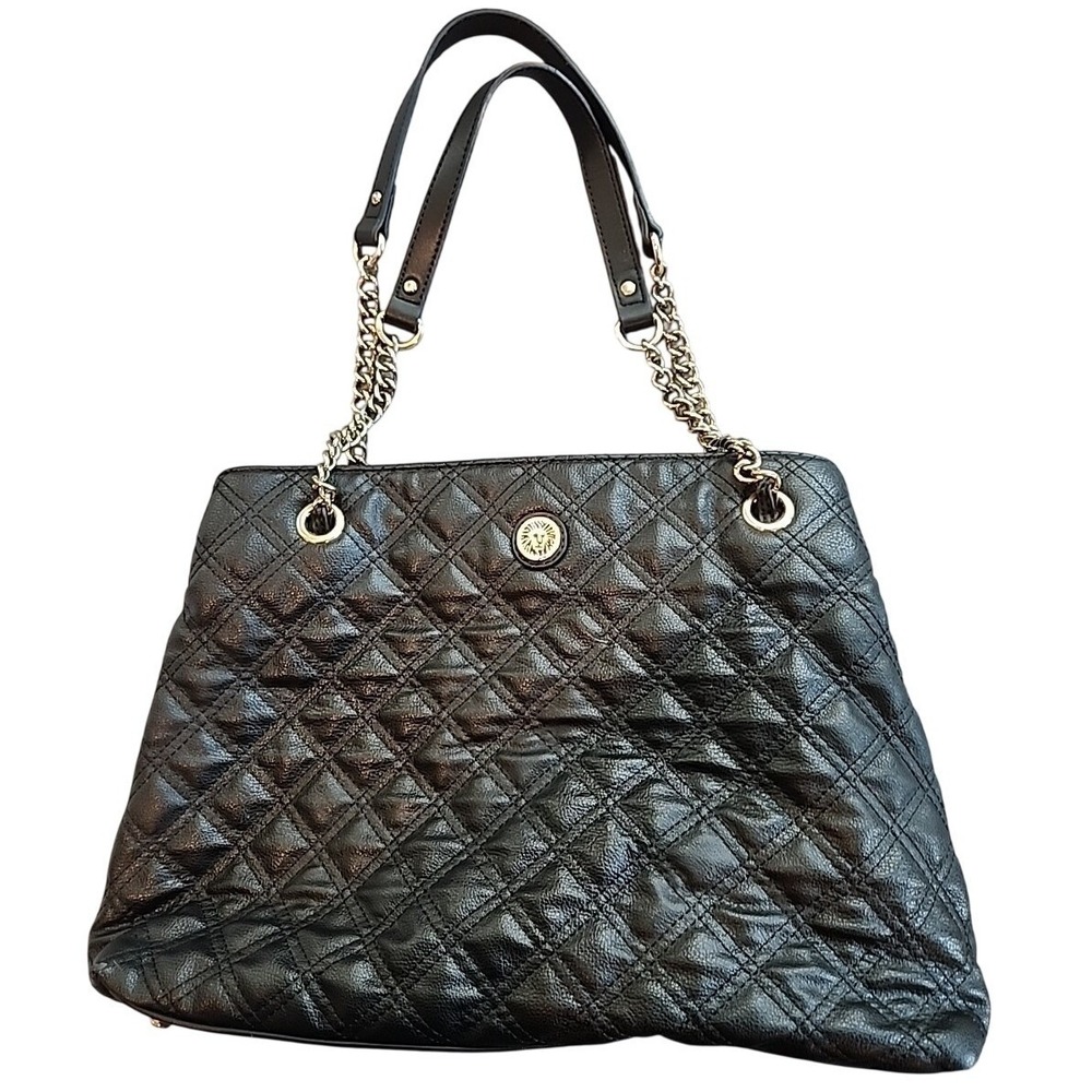 ANNE KLEIN Handbag‎ Purse Womens Faux Leather Black Tote Chain Hardware Brass